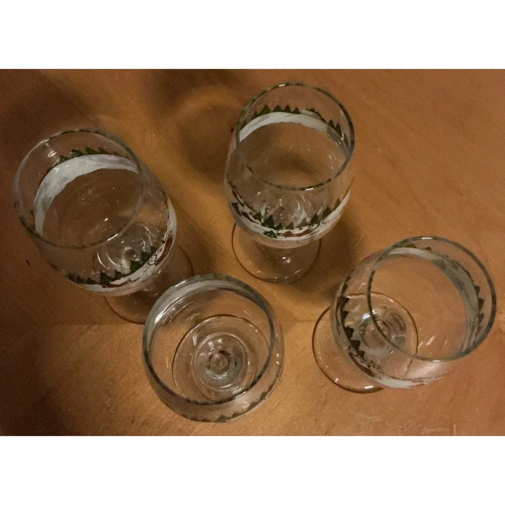 Libbey  Christmas Wine‎ Glass Winter Snow Scene Set Of 4 Vintage-